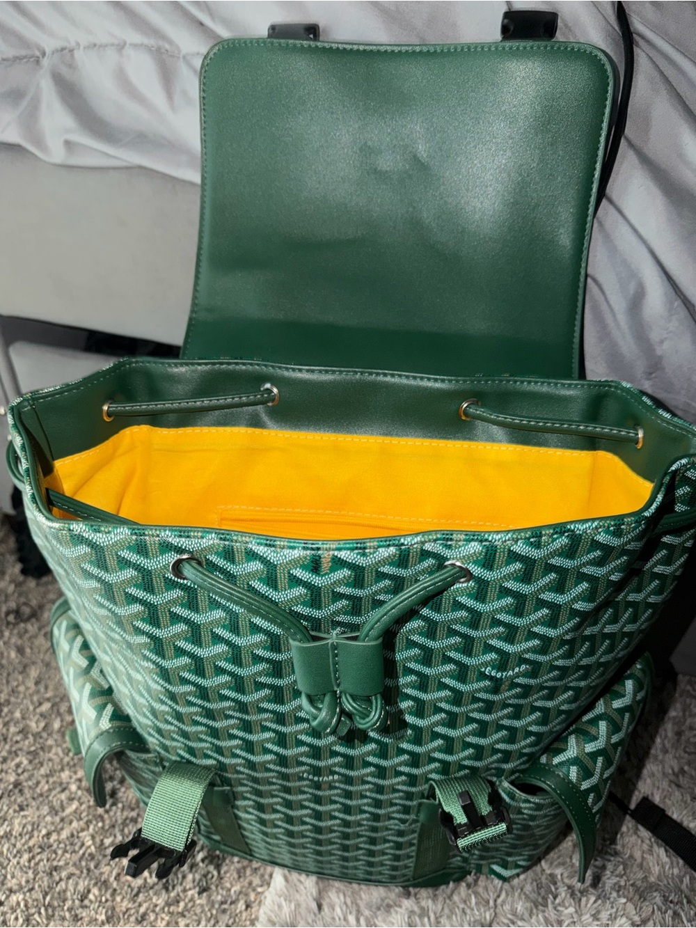 GOYARD Green Patterned Drawstring Backpack with Yellow Lining